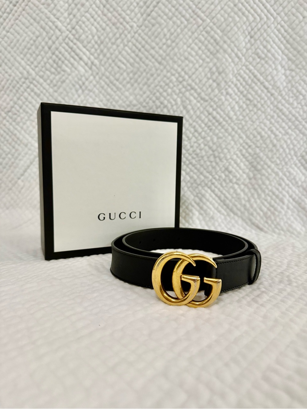 Gucci Black Leather Belt with Gold Double G Logo Buckle